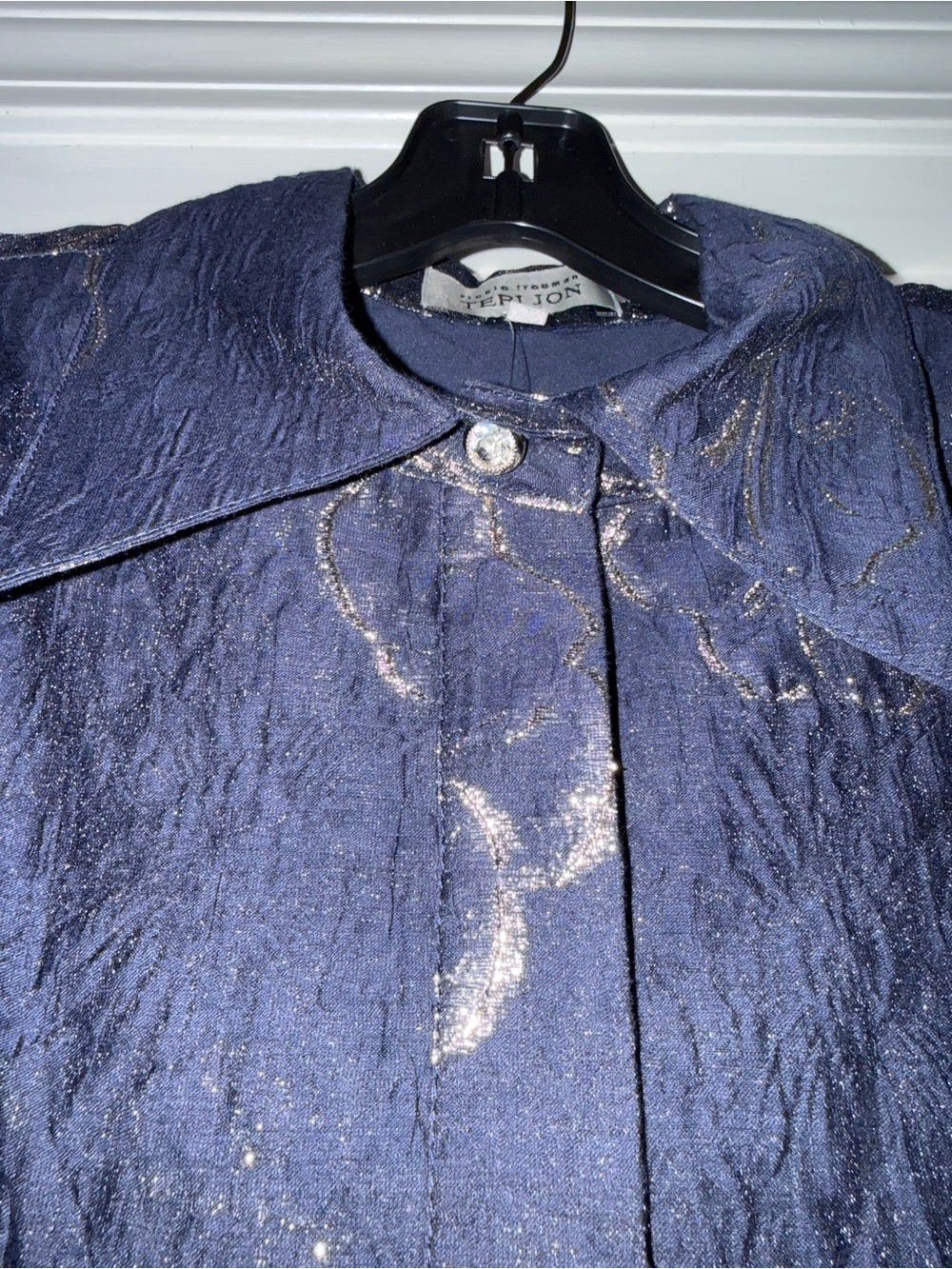 Teri Jon Navy and Gold Jacquard Shirt Waist Dress with Floral Embroidery - Picture 3 of 8